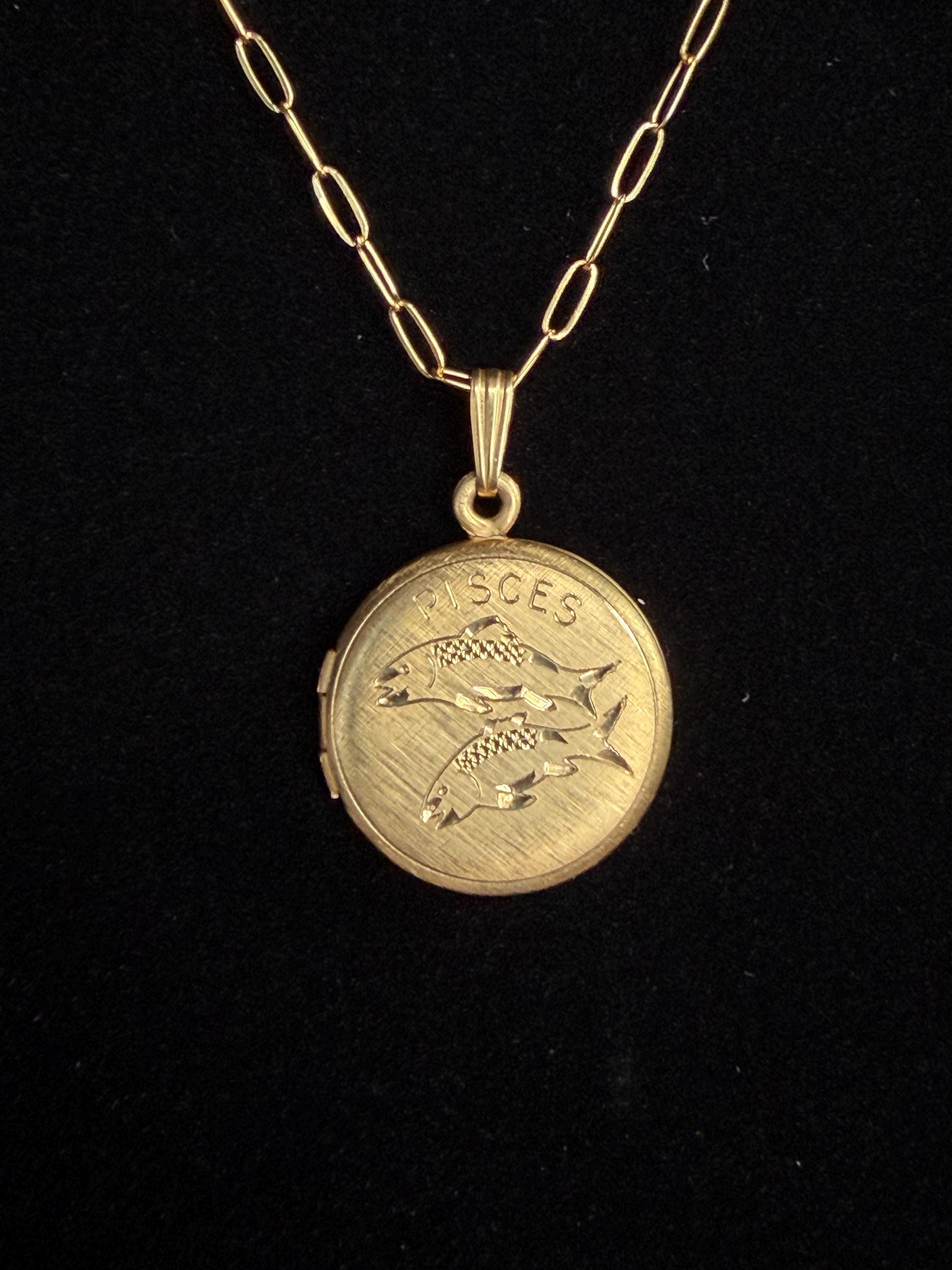 Vintage Gold Filled Zodiac Sign Pisces Locket Necklace on Gold Filled Chain