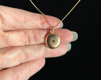 Tiny Vintage Gold-filled Red Starburst Locket Necklace