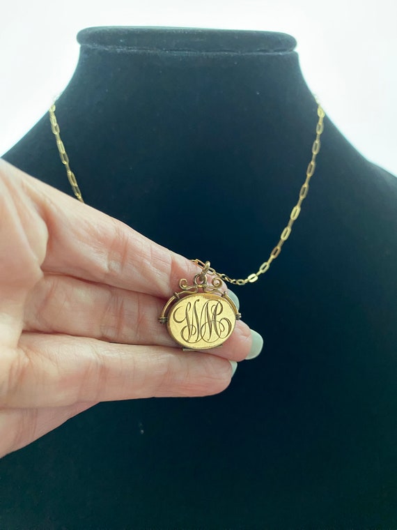 Etched Gold-filled "CQ&R" Fob Locket Necklace wit… - image 4