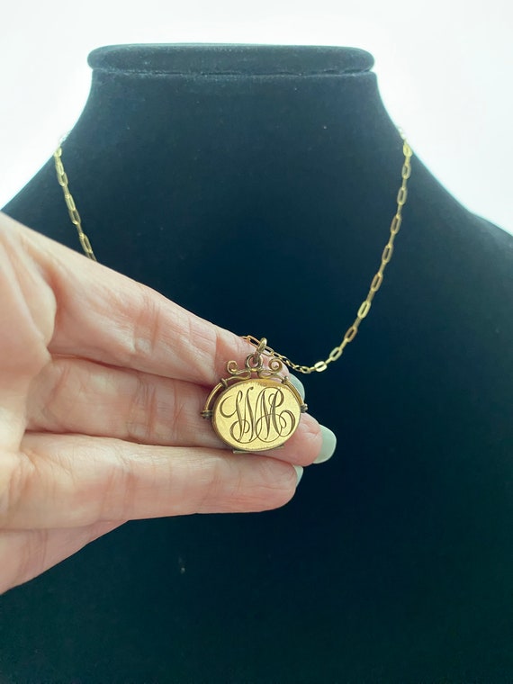 Etched Gold-filled "CQ&R" Fob Locket Necklace wit… - image 2