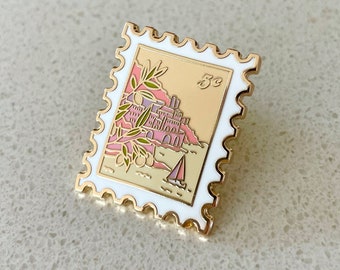 Enamel Pins - Sicilian Seascape Stamp Travel Wanderlust Enamel Pin