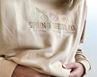 Besticktes Sweatshirt | 100% Baumwolle Handmade Pullover Pullover Design | Frühlingssamen Blume Obst Vintage Stickerei