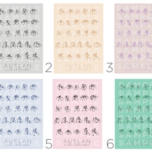 May include: Six different colored posters with the alphabet in Auslan sign language. The posters are in shades of gray, beige, purple, blue, pink, and green.