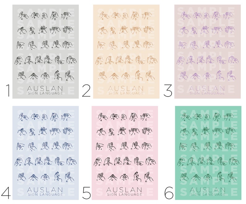 May include: Six different colored posters with the alphabet in Auslan sign language. The posters are in shades of gray, beige, purple, blue, pink, and green.