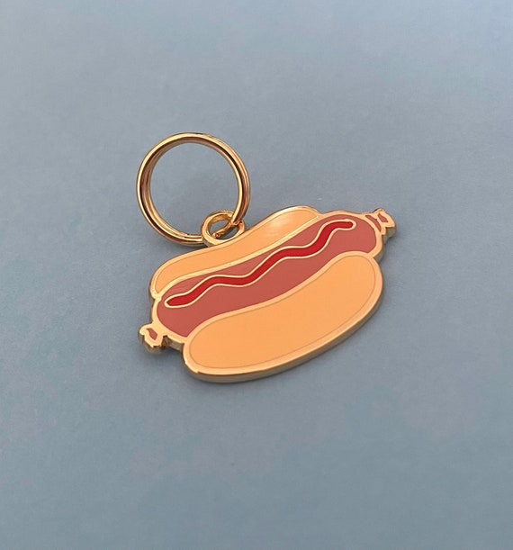 Pet Id Tag - Hot Dog Sausage Dog Enamel Tag - Personalised Enamel Custom Engraved Back Pet ID Tag