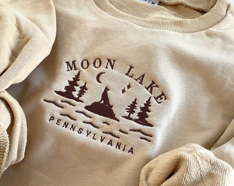 Sweat brodé | Pull fait main 100 % coton | Broderie Nature vintage Moon Lake Pennsylvania