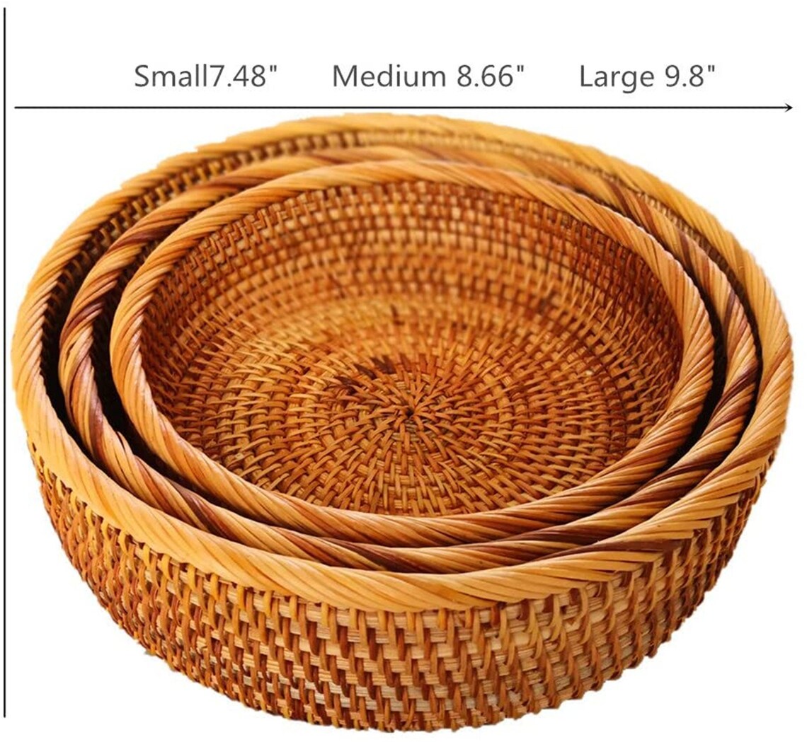 Round Rattan Fruit Basket Handwoven Wicker Food Tray Vintage Etsy
