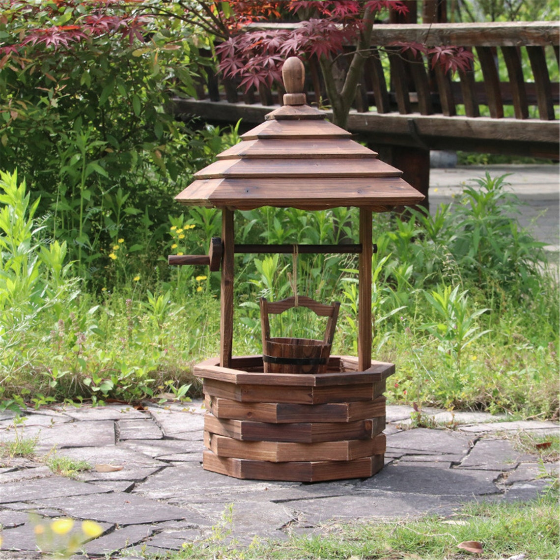 Wooden Wishing Well Rustic Garden Planter with Hanging Flower Etsy