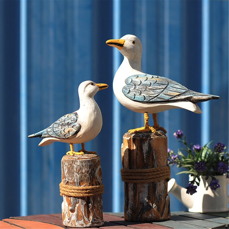 2PCs Wooden Seagull Nautical Bird Figurines Hand Carved Wood Etsy