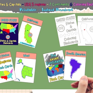 Estados Unidos 50 estados y capital - Siete continentes - Cinco regiones - Tarjetas para colorear, tarjetas didácticas de comunicación visual con imágenes sobre el autismo