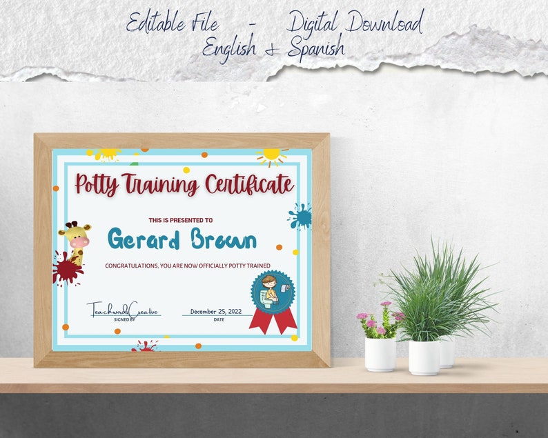 English Spanish Potty Training Certificate School Educational Award