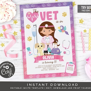 Invitation d'anniversaire de fille vétérinaire | Fichier numérique modifiable