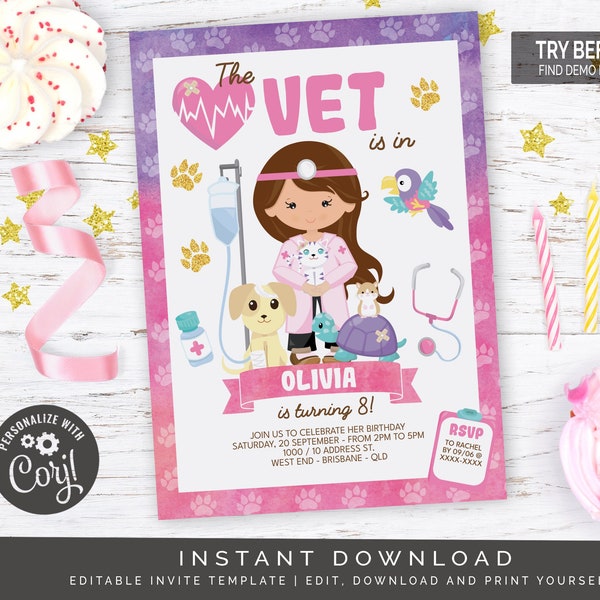 Girl Vet Birthday Invitation | Editable Digital File