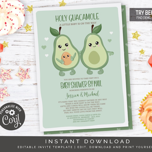 Holy Guacamole Kawaii Avocado Baby Shower by Mail Invitation | Editable Digital File