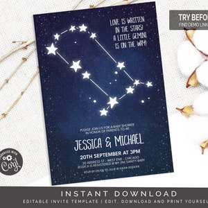 Gemini Astrology Baby Shower Invitation | Editable Digital File