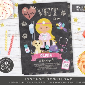 Girl Vet Birthday Chalkboard Invitation | Editable Digital File