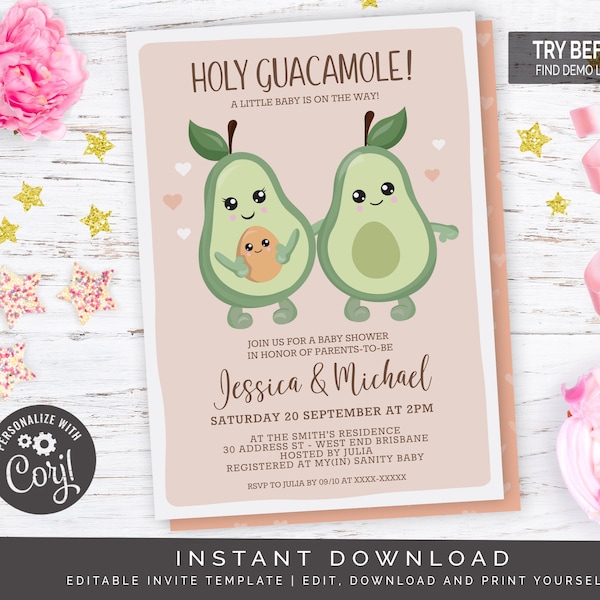 Pink Holy Guacamole Avocado Baby Shower Invitation | Editable Digital File