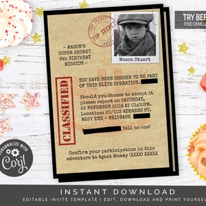 Spy Birthday Party Invitation | Editable Digital File