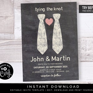 Tying The Knot Gay Wedding Invitation | Editable Digital File