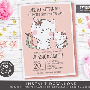 Are You Kitten Me Girl Baby Shower Invitation | Editable Digital File