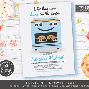 Twins Bun In The Oven Baby Shower Invitation in Blue | Editable Digital File