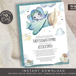 Elephant Airplane Baby Shower by Mail Invitation | Editable Digital File