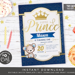 Teddy Bear Royal Prince Birthday Invitation  | Editable Digital File