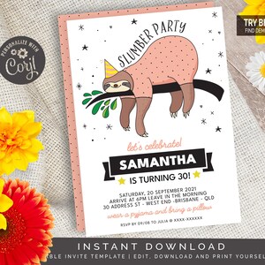 Pink Sloth Slumber Party Invitation | Editable Digital File