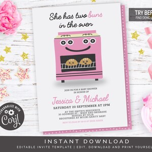 Twins Bun In The Oven Baby Shower Invitation in Pink | Editable Digital File