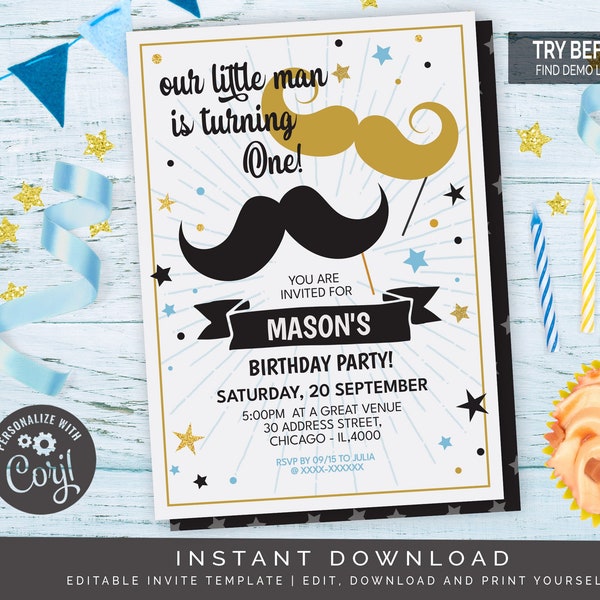 Mustache Bash Birthday Invitation | Editable Digital File