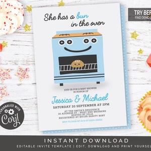 Bun dans l'invitation de baby shower de four in Bleu | Fichier numérique modifiable