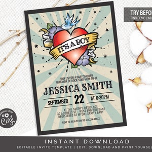 Rock and Roll Tattoo Baby Shower Invitation | Editable Digital File