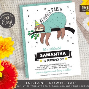 Mint Sloth Slumber Party Invitation | Editable Digital File