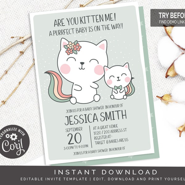 Are You Kitten Me Boy Baby Shower Invitation | Editable Digital File