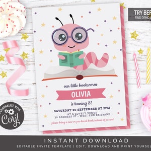 Pink Bookworm Birthday Party Invitation | Editable Digital File