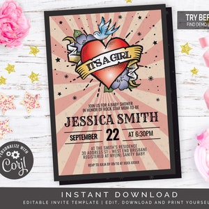 Pink Rock and Roll Tattoo Baby Shower Invitation | Editable Digital File