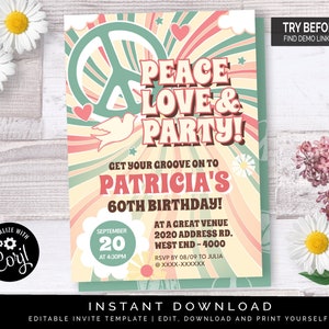 60s Hippie Party Invitation Green | Editable Digital File