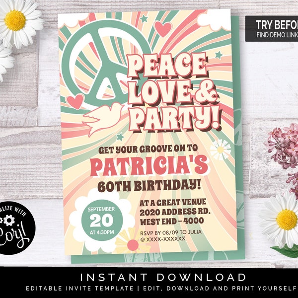 60s Hippie Party Invitation Green | Editable Digital File