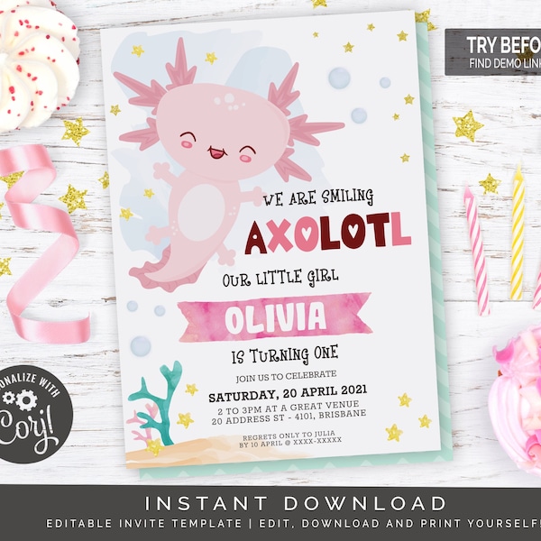 Axolotl Birthday Invitations Etsy Axolotl Birthday Invitations Etsy