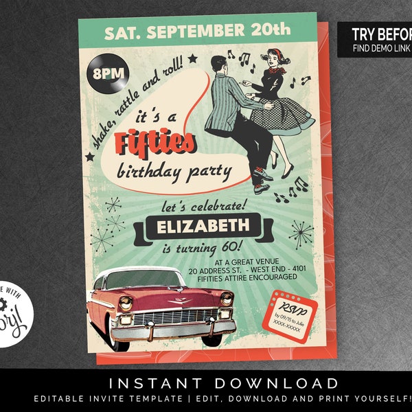 Fifties Birthday Invitation | Editable Digital File