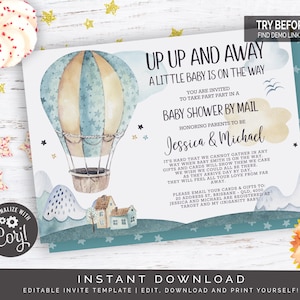 Up and Away Hot Air Balloon Baby Shower by Mail Invitation | Editable Digital File