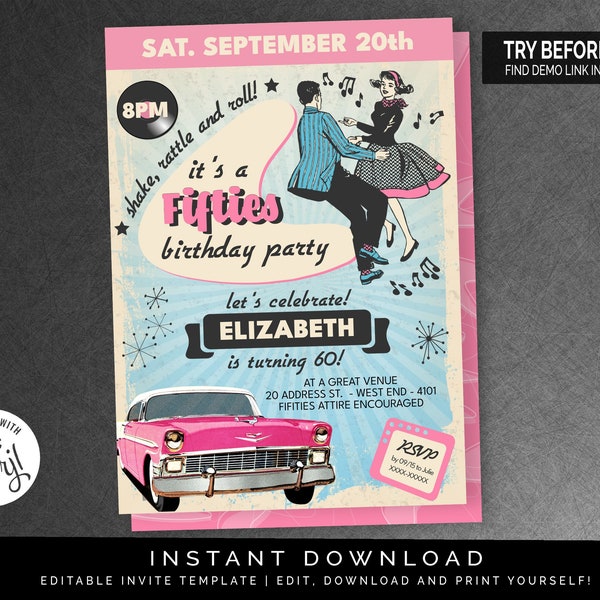 Fifties Birthday Invitation in Pink | Editable Digital File