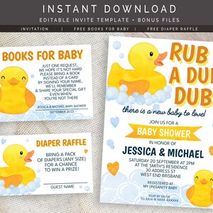 Gender Neutral Rubber Duck Baby Shower Invitation, Books For Baby and Diaper Raffle | Editable Digital Files