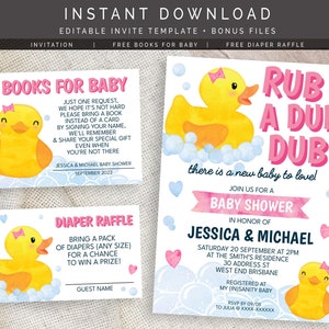 Girl Rubber Duck Baby Shower Invitation, Books For Baby and Diaper Raffle Editable Digital Files image 1