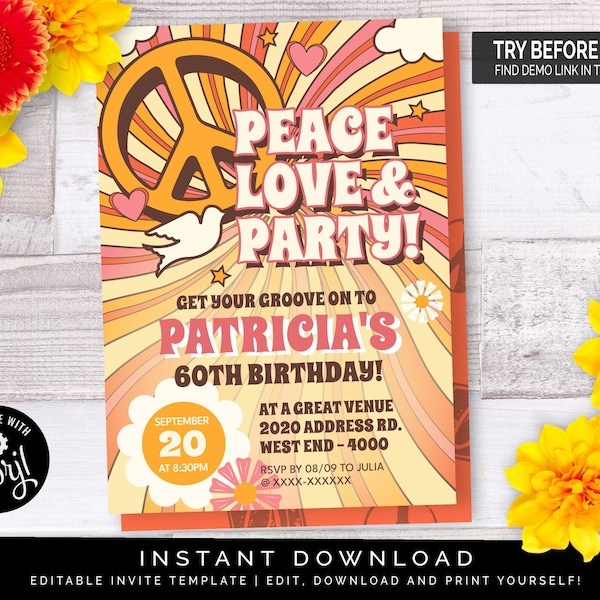 60s Hippie Party Invitation | Editable Digital File