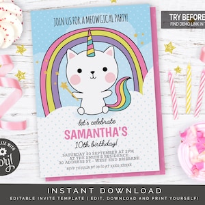 Magical Caticorn Birthday Party Invitation   | Editable Digital File