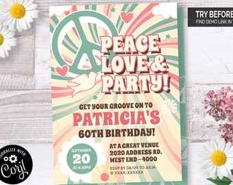 60s Hippie Party Invitation Green | Editable Digital File