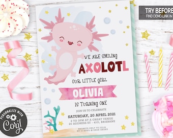 Axolotl Birthday Invitation | Editable Digital File