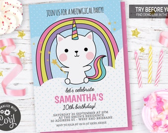 Magical Caticorn Birthday Party Invitation   | Editable Digital File