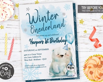 Invitación de cumpleaños de Onederland invernal / Archivo digital editable